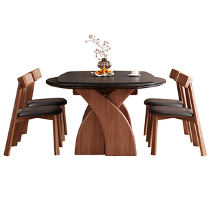 中古风白蜡木纹实木折叠餐桌可变圆桌洞石岩板伸缩家用小户型饭桌