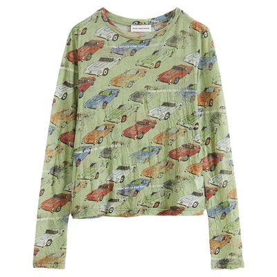 汽车印花褶皱合身长袖衫