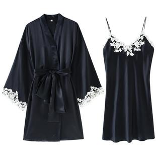 舒绸坊重磅真丝睡衣女士性感蕾丝桑蚕丝吊带睡裙睡袍两件套装晨袍
