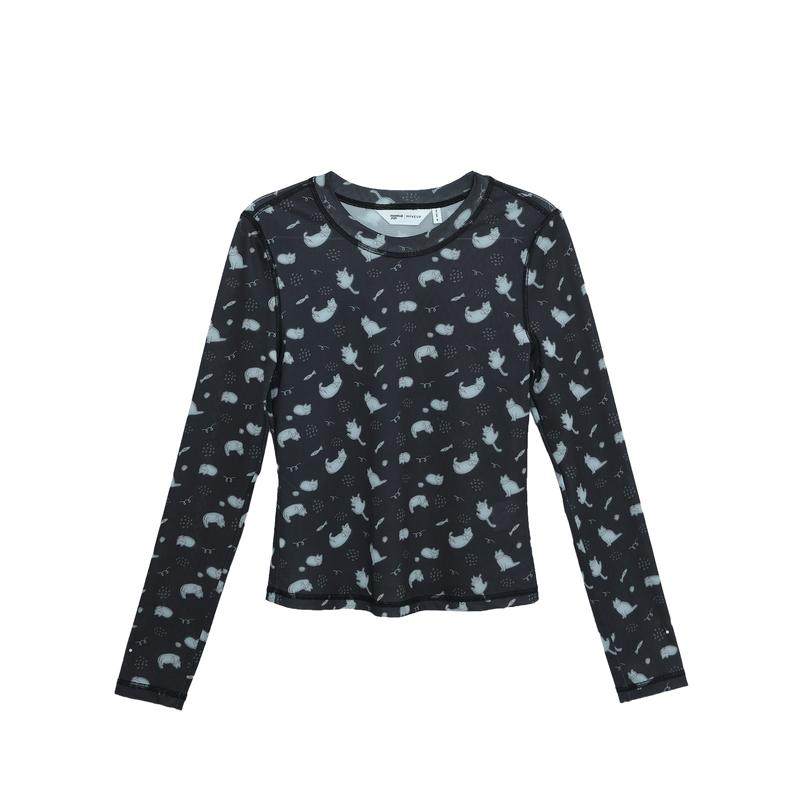 MOVEUP幻走2025春季新款.FUN系列圆领猫咪印花设计师短款T恤女