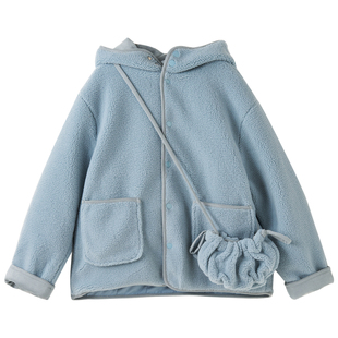 女大童连帽毛绒外套2025冬装新款青少年夹棉加绒开衫学生保暖上衣
