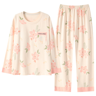 女自带胸垫一体长袖睡衣套装