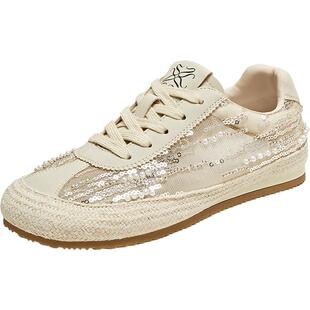 百思图2025夏商场新款透气珍珠亮片草编渔夫鞋平底女单鞋B0058BM5