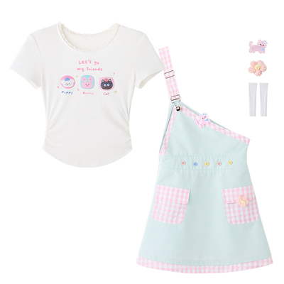 甜美少女风浅绿背带裙女