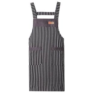 棉布透气家用厨房围裙2025新款背带围腰条纹简约女时尚做饭工作服