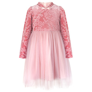 LittleNaive女童连衣裙秋冬款新中式复古裙子儿童丝绒国风旗袍裙