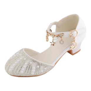 韩系银色儿童高跟鞋白色小皮鞋女童公主鞋胖脚春夏低跟水晶包头