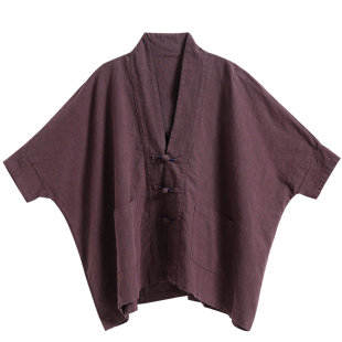 苎麻复古新中式开衫外套女春秋2026新款七分袖茶服宽松蝙蝠袖上衣