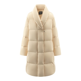 艾莱依2025秋冬新款羽绒服饱满交叉领高级复古金属扣点缀长款外套