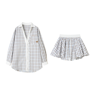 【木樨晨露】Uena蓝色格纹蕾丝花边落肩袖宽松衬衫休闲短裤套装女