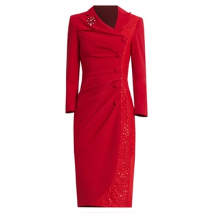 创意狐礼服高端轻奢小众年会长袖红色气质晚宴会主持人职场连衣裙