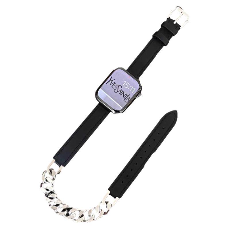 双圈不锈钢链拼真皮适用于苹果applewatchs978代6543SE静静的表带