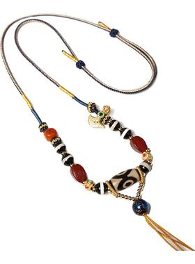 泰伽原创手作一线三眼天珠编织玛瑙佛牌链复古文艺唐卡挂绳 TG322