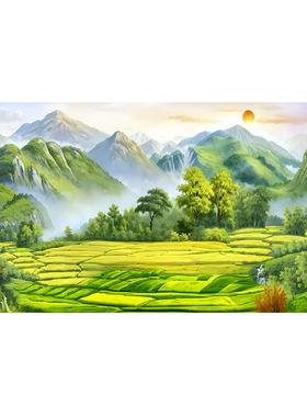 聚宝盆风景山水靠山图客厅背景墙旭日东升办公室招财装饰画自贴画