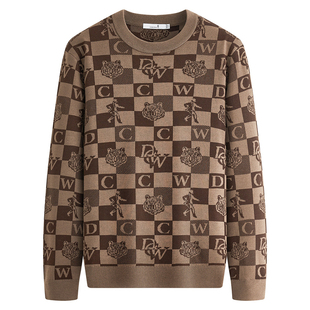 【含山羊绒】与狼共舞圆领毛衣男2025秋冬款棋盘格提花保暖针织衫