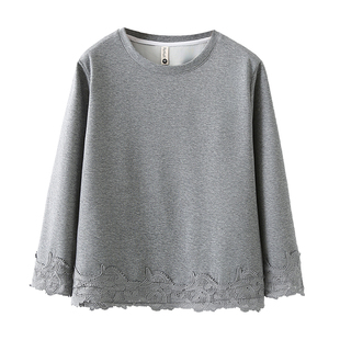 别致大码圆领蕾丝拼接卫衣女加肥加大200斤胖mm春秋款打底衫上衣