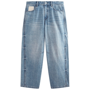 太平鸟男装牛仔裤25秋季新款宽松阔腿长裤纯棉牛仔复古皮标潮牌K