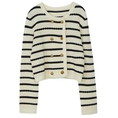 春季条纹针织衫谜底双排扣圆领