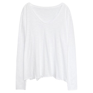 3tsV领长袖空气T恤薄款纯色宽松正肩慵懒风卷边面膜上衣