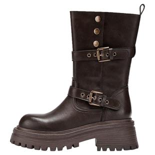 达芙妮厚底马丁靴女2025新款冬季加绒靴子骑士靴美拉德棕色短靴女