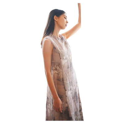 READ_ME100%苎麻连立领印花无袖连衣裙B20822227