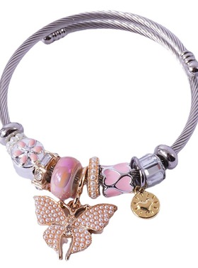 韩版彩色水晶珍珠蝴蝶手镯女手链