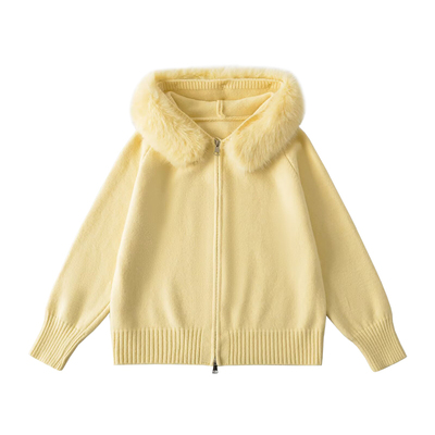 毛毛领连帽拉链针织毛衣开衫外套