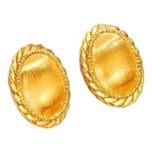 丝绸金色纽扣椭圆耳钉 女中古风镀18K金复古拉丝工艺流金岁月礼物