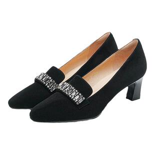 哈森/HARSON【职场韵味】新款黑色绒面水钻高跟通勤一脚蹬单鞋女
