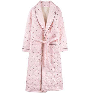 睡袍女秋冬季纯棉夹棉三层加厚中年妈妈睡衣加大码保暖全棉家居服