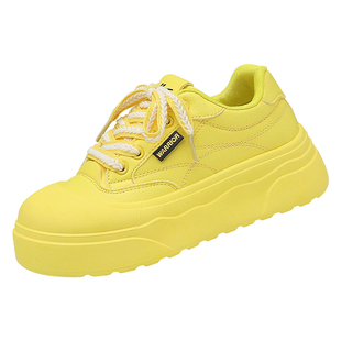 回力厚底板鞋女春季黄色学生圆头皮面防水通勤休闲运动大头面包鞋