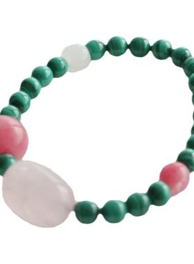 《绿肥红瘦》天然绿孔雀石粉水晶手串西藏红石百搭手链粉绿撞色夏