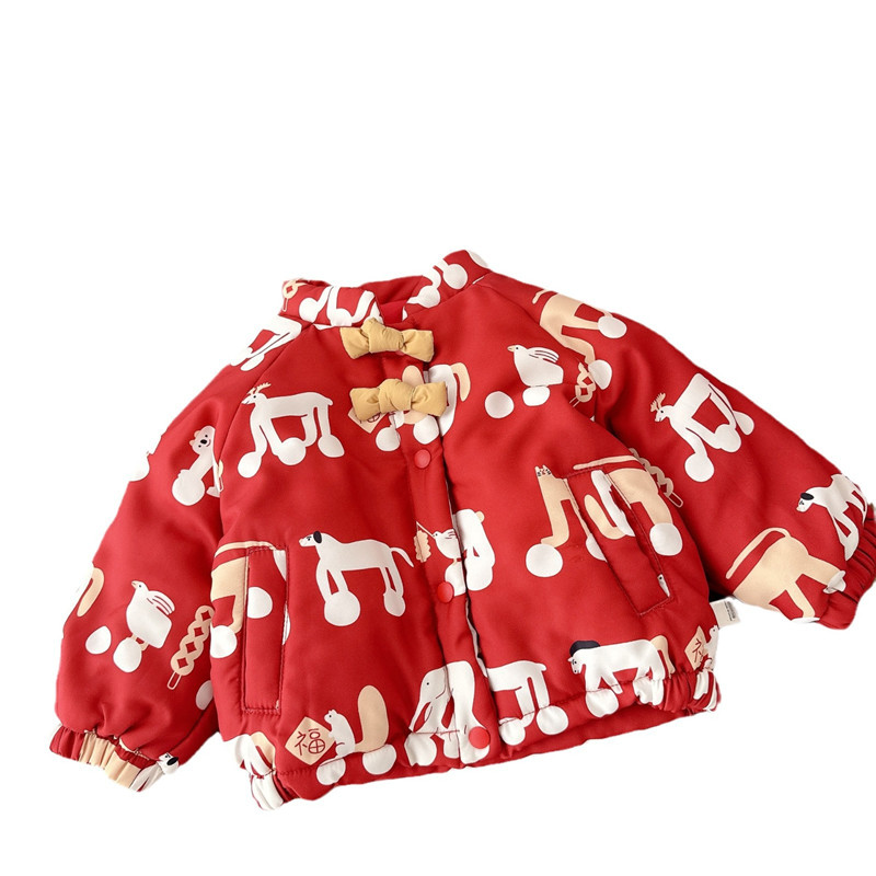 儿童红色拜年服0-5岁冬季女童卡通印花棉服男童夹棉加厚棉衣WY014