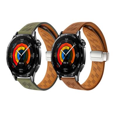 适用华为GT5手表gt6表带gt4真皮watch4pro新款watchgt7磁吸扣gt3智能Ultimate男2e牛皮GT1荣耀GS透气商务腕带