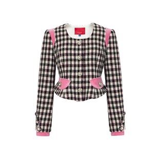 lefame拉飞姆彩色亮片格纹彩钻珍珠扣收腰短外套