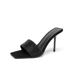 陈小凡杨树林同款方头黑色水钻一字带凉鞋细跟高跟凉拖女外穿露趾