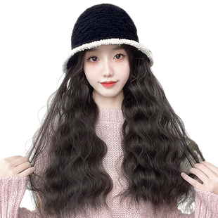 假发女长发帽子假发一体时尚新款秋冬渔夫盆帽水波纹假发全头套女