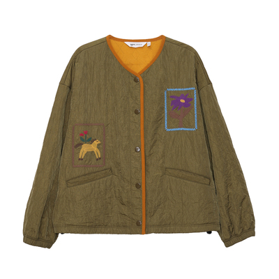 MOVEUP幻走2025冬季新款新年生肖系列彩点抽绳绣花织带短款外套女