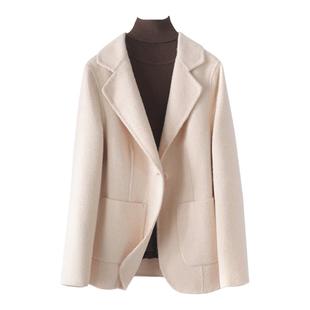 双面羊毛大衣女士短款西服领一粒扣修身西装式春秋新款羊毛呢外套