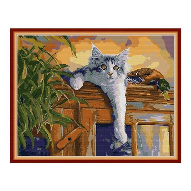 可爱猫咪与鸭子油画款十字绣新款