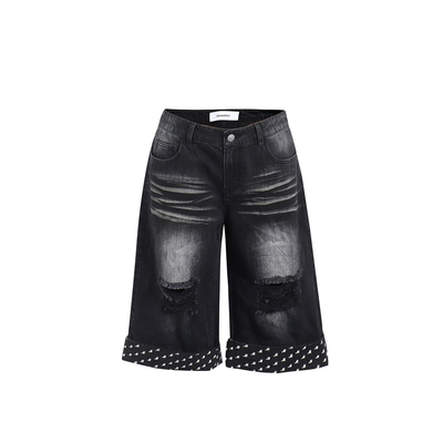 MOMENTPLAY印花破洞牛仔八分裤