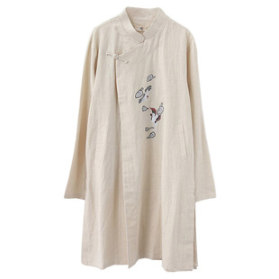国风复古刺绣仙鹤苎麻中长款外套民族风对襟长衫立领绣花盘扣上衣