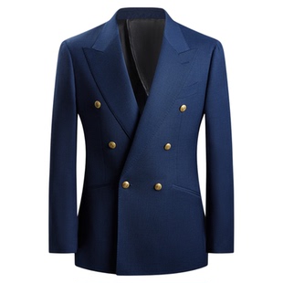 【100%全羊毛】平圆方中布雷泽西装金扣双排扣男士海军蓝单西外套