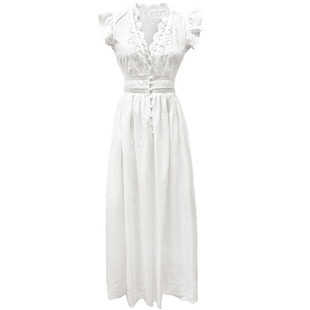 Findit现货精致白色刺绣连衣裙 夏装新款气质V领高腰修身中长裙