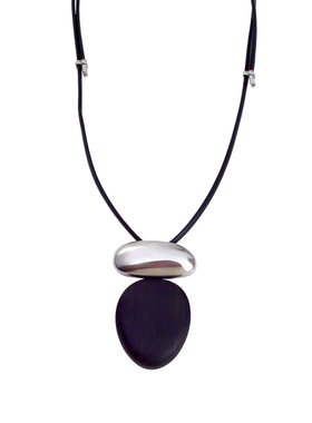 新中式黑檀木金属拼接吊坠项链女黑皮绳长款复古文艺时尚配饰品