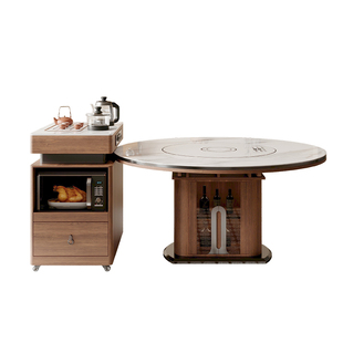 可分离式岛台餐桌一体家用中古风可伸缩岩板实木圆桌智能暖菜转盘