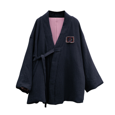 靛蓝色棉麻夹棉系带保暖棉袄