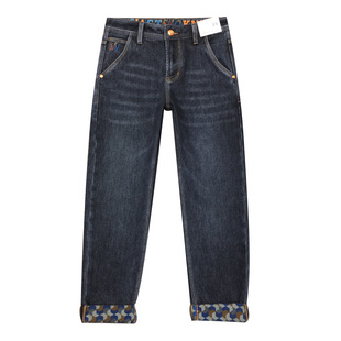 格仔印花加绒牛仔裤男款2025新款薄绒修身小脚磨毛九分裤冬季厚款