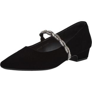 百思图26春商场新款尖头粗跟绒面高跟鞋玛丽珍法式女单鞋W0128AQ6