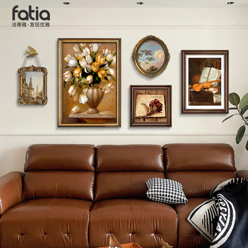 美式客厅装饰画法式沙发背景墙挂画餐厅组合壁画床头组合复古油画